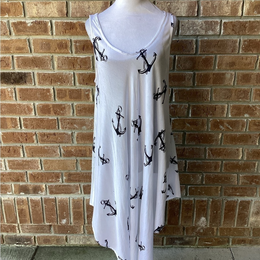 Dress Asymmetrical White Sleeveless with Anchor Print